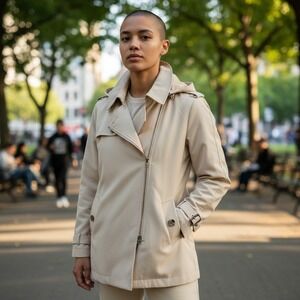 Zara Woman Khaki Hooded Trench Coat Women's Medium Zip Front Button Detail